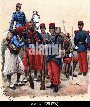 Militaire, France, 1896, infanterie, infanterie de ligne et infanterie africaine, dessin en couleur par Richard Knoetel, droits additionnels-Clearences-non disponible Banque D'Images