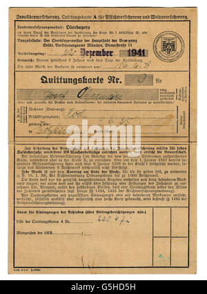 Nazisme / National socialisme, documents, assurance invalidité, Versicherungsanstalt Oberbayern (Société d'assurance haute-Bavière), carte de reçu de Josef Obermeier, 22.12.1941, droits additionnels-Clearences-non disponible Banque D'Images