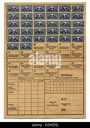 Nazisme / National socialisme, documents, assurance invalidité, Versicherungsanstalt Oberbayern (Société d'assurance haute-Bavière), carte de reçu de Josef Obermeier, 22.12.1941, droits additionnels-Clearences-non disponible Banque D'Images