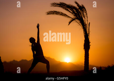 Silhouette de jeune femme pratiquant fitness, yoga ou Pilates au coucher du soleil dans un bel emplacement avec des montagnes et des palmiers Banque D'Images