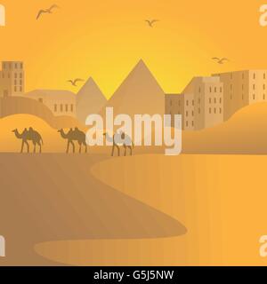 Caravane de chameaux dans le désert voyage avec les pyramides d'Égypte au bâtiment arabe d'arrière-plan Illustration de Vecteur