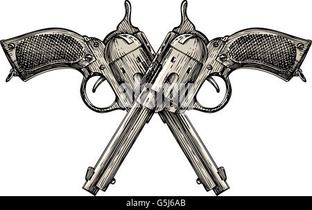 Pistolets croisés. Vintage vector gun, pistolet, arme de poing. Revolver rétro Illustration de Vecteur