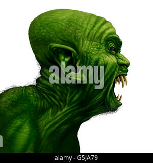 Vue côté tête de monstre comme un zombie mutant ou visage bête hurler comme un halloween effrayant en colère ou démon effrayant symbole avec skinisolated texturé froissé vert sur un fond blanc dans un style réaliste en 3D illustration. Banque D'Images