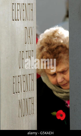 Un visiteur respecte le Mémorial des Forces armées pendant le jour de l'armistice et le dimanche du souvenir à l'Arboretum du Mémorial national, à Alrewas, dans le Staffordshire. Banque D'Images