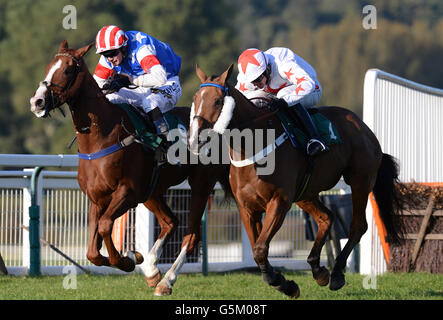 Courses hippiques - courses de Towcester.La maison de Bracken est criblée par Thomas Flint (à gauche) les gagnants de l'obstacle de Haygain Hay Steamers Clean Healthy Forage Handicap Banque D'Images