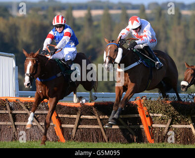 Courses hippiques - courses de Towcester.La maison de Bracken est criblée par Thomas Flint (à gauche) les gagnants de l'obstacle de Haygain Hay Steamers Clean Healthy Forage Handicap Banque D'Images