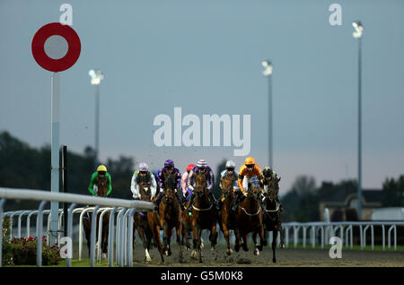 Les coureurs et les coureurs prennent le premier virage pendant le dos ou se posent à betdaq.com clamant des prises sur la piste tous temps à l'hippodrome de Kempton Banque D'Images