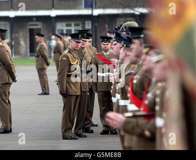 Le Prince de Galles présente les médailles du service opérationnel alors qu'il accueille les gardes gallois du 1er Bataillon qui sont récemment revenus d'Afghanistan à la caserne de Cavalry, Hounslow, West London. Banque D'Images