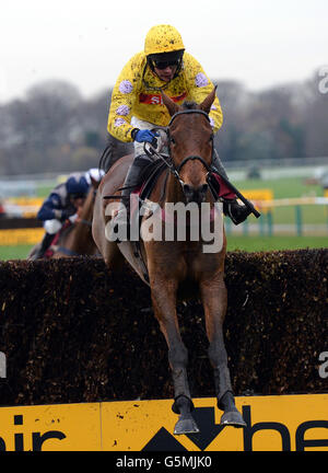 Quartz de Thoix et Jockey Liam Treadwell sur le chemin de gagner les meilleurs prix sur Betfair Mobile handicap Chase pendant le festival de Betfair Chase à Haydock Park Racecourse, Merseyside. Banque D'Images