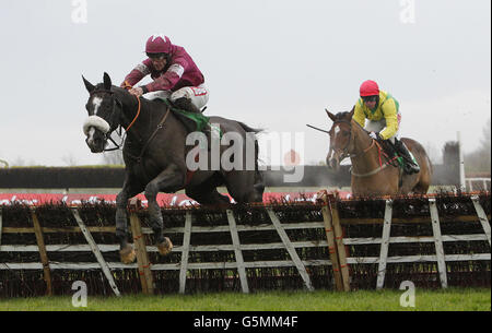 Don Cossack et le jockey Davy Russell saute le dernier pour gagner l'I.N.H. Propriétaires de stalion European Breeders Fund Maiden se hante devant la taille de l'or sous le jockey Andrew Lynch à l'hippodrome de Navan dans le comté de Meath, en Irlande. Banque D'Images