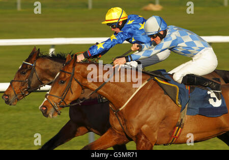 Sam Twiston Davies sur African Gold (caméra la plus proche) remporte Alain Cawley sur des sentiments irréprochables pour gagner la course de haies de handicap de CSP novices lors du Festival d'hiver de Sportingbet à l'hippodrome de Newbury. Banque D'Images