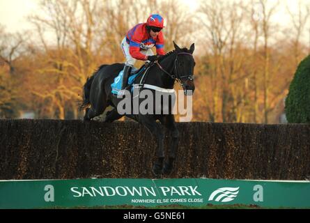 Le sprinter Sacre, criblé par le jockey Barry Geraghty, saute le dernier sur son chemin pour gagner le Sportingbet Tingle Creek Chase pendant le deuxième jour du Festival de Noël de Tingle Creek à l'hippodrome de Sandown Park, Sandown. Banque D'Images