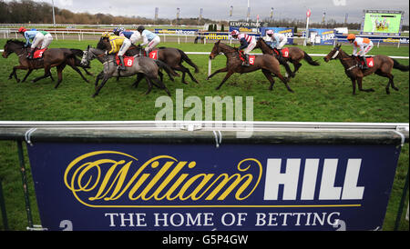 Courses hippiques - William Hill Winter Festival - deuxième jour - Hippodrome de Kempton Park.Coureurs et cavaliers dans la William Hill - New iPad App Mares handicap Hobstacle Race. Banque D'Images