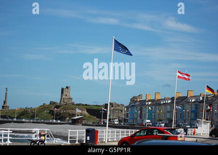 Aberystwyth, Pays de Galles, Royaume-Uni. 23 Juin, 2016. Le jour du référendum britannique et l'UE drapeau flotte sur la côte galloise où la communauté européenne Pro sont mis à voter pour rester en Europe et mettre en garde si Brexit gagner cela pourrait conduire à une rupture de l'UK affirment de nombreux électeurs gallois Crédit : mike davies/Alamy Live News Banque D'Images