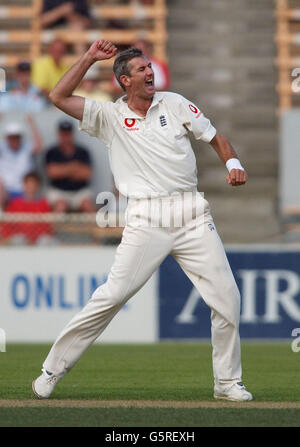 Andrew Caddick, en Angleterre, célèbre après avoir pris le cricket d'Ian Butler, en Nouvelle-Zélande, qui a été pris par James Foster pour 4 courses lors du premier match d'essai au Jade Stadium, Christchurch, en Nouvelle-Zélande. L'Angleterre a gagné par 98 courses. Banque D'Images