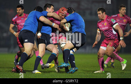 Rugby Union - Heineken Cup - Pool Five - Exeter Chiefs v Leinster - Sandy Park.Tom Johnson d'Exeter est attaqué pendant la Heineken Cup, Pool Five Match à Sandy Park, Exeter. Banque D'Images