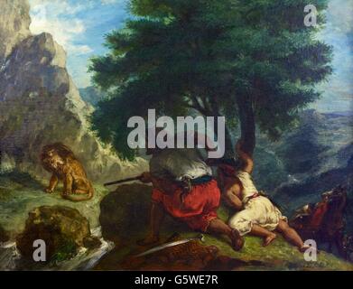 Chasse aux lions au Mexique, par Eugène Ferdinand Victor Delacroix, 1854, Musée de l'Ermitage, Saint-Pétersbourg, Russie Banque D'Images