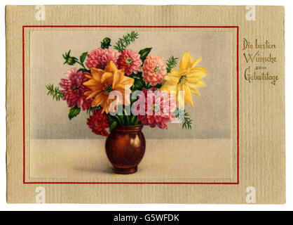 Festivités, carte de voeux anniversaire, 'Die besten Wünsche zum Geburtstage' (meilleurs voeux pour votre anniversaire), œillets en vase, carte postale, Allemagne, années 1930, droits additionnels-Clearences-non disponible Banque D'Images