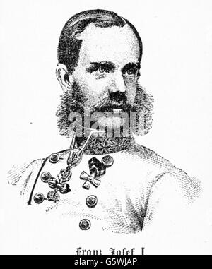 Franz Joseph I, 18.8.1830 - 21.11.1916, Empereur d'Autriche 2.12.1848 - 21.11.1916, portrait, gravure sur bois, vers 1855, Banque D'Images