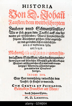 Faust, Johannes, vers 1480 - vers 1540, magicien allemand et astrologue, 'Historia von D. Johann Fausten' (Histoire du docteur Johannes Faust), 2ème édition, page de titre, imprimer: Johann Spies (vers 1540 - 1623), Francfort, 1588, Banque D'Images