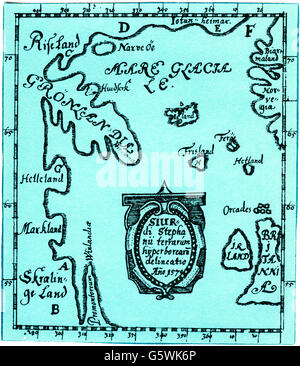 La cartographie, la carte, de l'Atlantique Nord entre l'Europe du Nord et en Amérique du Nord, gravure sur cuivre, Skaholt-Map de Sigurd Stefansson, l'Islande, 1570, l'artiste n'a pas d'auteur pour être effacé Banque D'Images