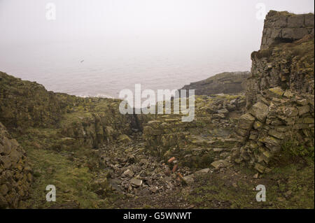 Vue générale sur les rochers et la mer sur l'île de Flat Holm. Flat Holm (Welsh: Ynys Echni) est une île calcaire dans le canal de Bristol à environ 6 km (4 miles) de Lavernock point dans la vallée de Glamourgan, mais dans la ville et le comté de Cardiff. Il inclut le point le plus au sud du pays de Galles. L'île a une longue histoire d'occupation, datant au moins des périodes anglo-saxonnes et viking. Les usages religieux incluent des visites de disciples de Saint Cadoc au 6ème siècle, et en 1835, c'était le site de la fondation de la Mission de la Manche de Bristol, qui devint plus tard la Mission des gens de mer. A Banque D'Images