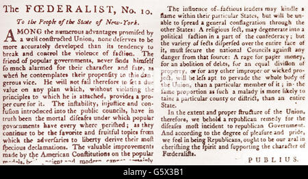 Géographie / voyage, Etats-Unis, politique, Fédéraliste Papers, article 10, écrit par James Madison (1751 - 1836), de: 'New York Packet', New York, 22.11.1787, droits additionnels-Clearences-non disponible Banque D'Images