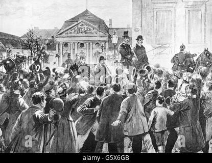 Bismarck, Otto von, 1.4.1815 - 30.7.1898, homme politique allemand, chancelier de l'Empire allemand 4.5.1871 - 20.3.1890, de quitter Berlin avec son fils Herbert, 20.3.1890, gravure sur bois après le dessin de l'artiste, Richard Knoetel Copyright n'a pas à être effacée Banque D'Images