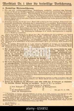 Documents, rédaction officielle, instructions, instruction numéro 1 sur l'assurance volontaire, institution d'assurance Reich pour employé, novembre 1928, droits additionnels-garanties-non disponibles Banque D'Images