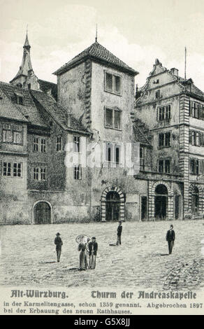 Géographie / Voyage, Allemagne, Wuerzburg, bâtiment, tour de la chapelle Saint Andrew, démoli 1897, droits additionnels-Clearences-non disponible Banque D'Images