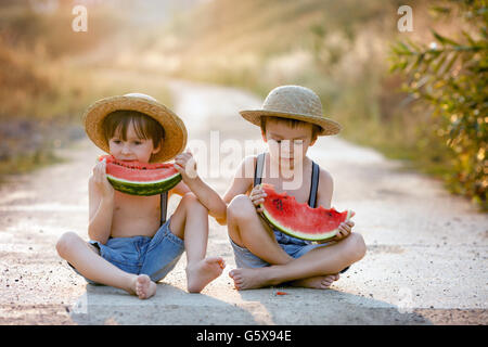 Deux adorables petits garçons, eating watermelon sur un chemin rural village de summertime Banque D'Images