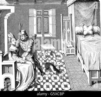 Moyen âge, gens, chevalier avec sa dame dans la chambre, après une miniature du poème 'Othea' de Christine de Pizan, (1365 - 1439), 14ème siècle, gravure en bois, bibliothèque, Bruxelles, droits additionnels-Clearences-non disponible Banque D'Images