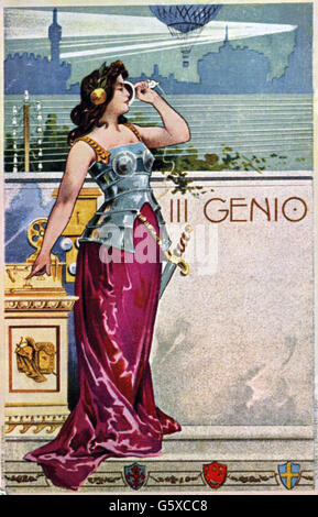 Énergie, électricité, génie féminin de l'électricité, gravure en bois coloré, carte postale, Italie, 19e siècle, 19e siècle, pleine longueur, debout, debout, figure symbolique, symbole, symboles, télégraphe, télégraphe, télégraphie, ligne de télégraphe, communication, transmission d'information, historique, historique, historique, personnes, femmes, femme, droits additionnels-Clearences-non disponible Banque D'Images