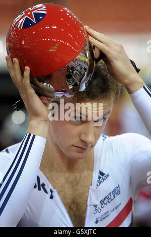 Jason Kenny en Grande-Bretagne pendant une séance d'entraînement pendant la journée de prévisualisation des Championnats du monde de cyclisme sur piste UCI à l'arène de Minsk, Minsk . Banque D'Images