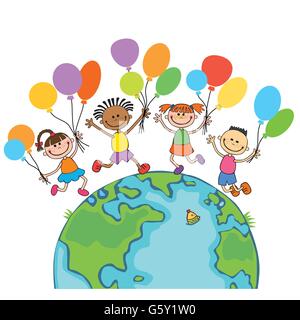 Quatre heureux de sauter les enfants autour du globe, avec des ballons fond isolé cartoon Illustration de Vecteur