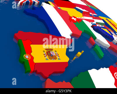 Carte de l'Espagne et le Portugal avec les drapeaux sur la carte politique 3D. Couleurs officielles exactes des drapeaux. 3D illustration Banque D'Images