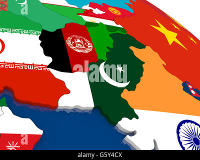 La carte de l'Afghanistan et le Pakistan avec les drapeaux sur la carte politique 3D. Couleurs officielles exactes des drapeaux. 3D illustration Banque D'Images