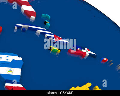 Carte de l'Amérique Caraïbes intégré avec les drapeaux sur la carte politique 3D. Couleurs officielles exactes des drapeaux. 3D illustration Banque D'Images