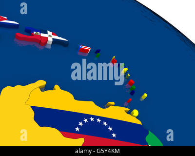 Carte des Caraïbes du sud avec les drapeaux sur la carte politique 3D. Couleurs officielles exactes des drapeaux. 3D illustration Banque D'Images