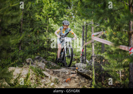 Jeune athlète monte un vélo sur des rochers dans la forêt d'épinettes Banque D'Images