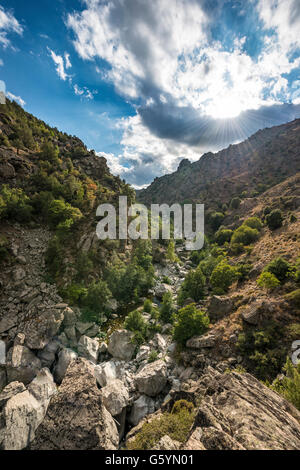 La vallée inférieure de la rivière Golo, Golo, soleil qui brille à travers les nuages, Corse, France Banque D'Images