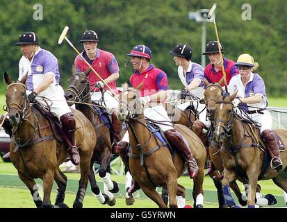 Prince Harry (deuxième à gauche), Prince Charles (au centre) et Prince William (deuxième à droite) jouant pour Highgrove contre Cirencester Park dans le Trophée ladbrokes.com au Cirencester Park Polo Club. Highgrove beat Cirencester Park. Banque D'Images