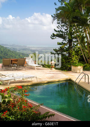 La vue sur la piscine de l'établissement Casa Flamboyant, un bed and breakfast à Forêt nationale de El Yunque, Puerto Rico. Banque D'Images