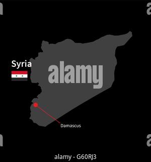 Carte détaillée de la Syrie et capitale Damas avec drapeau sur fond noir Illustration de Vecteur