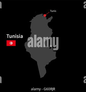 Carte détaillée de la Tunisie et capitale Tunis avec drapeau sur fond noir Illustration de Vecteur