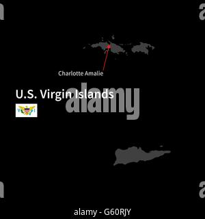 Carte détaillée des îles Vierges américaines et capitale Charlotte Amalie avec drapeau sur fond noir Illustration de Vecteur