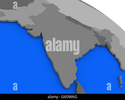 La carte de l'Inde sur le modèle 3D de la terre avec les pays en différentes nuances de gris et bleu des océans. 3D illustration Banque D'Images
