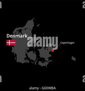 Carte détaillée du Danemark et capitale Copenhague avec drapeau sur fond noir Illustration de Vecteur