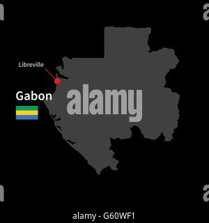 Carte détaillée du Gabon et capitale Libreville avec drapeau sur fond noir Illustration de Vecteur