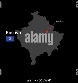 Carte détaillée du Kosovo et capitale Pristina avec drapeau sur fond noir Illustration de Vecteur